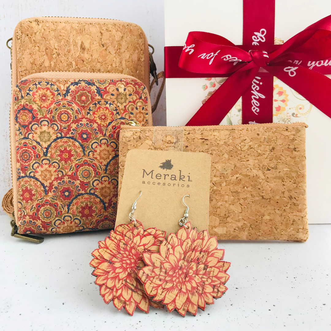 Set de regalo mujer cartera de corcho + estuche de corcho + par de aros de corcho