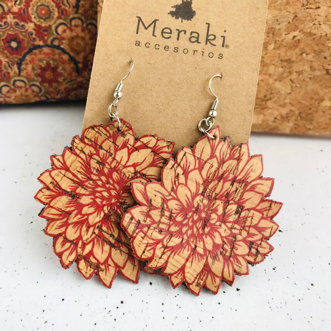 Aros de corcho diseño flores rojas cuero vegano