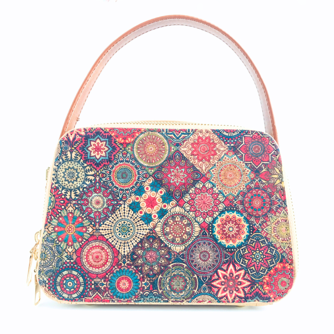 Cartera de corcho mandalas correas de eco cuero detalles metálicos dorados
