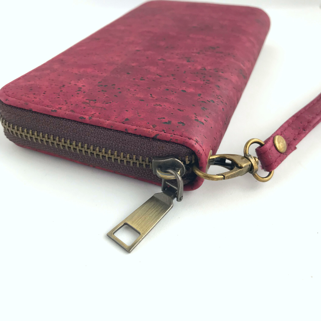 Billetera mujer con correa roja vino dorado de corcho