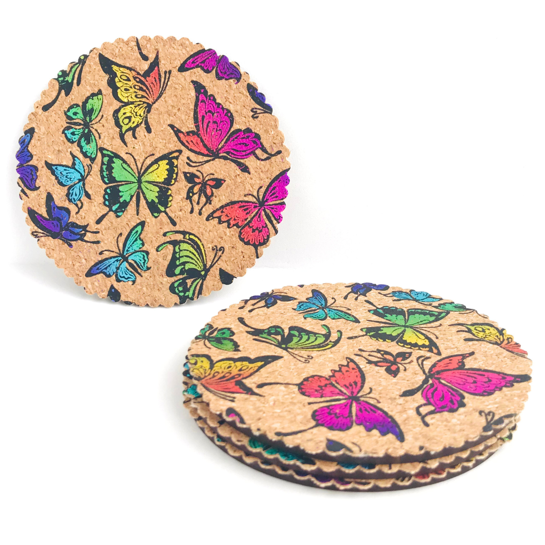 Set 4 posavasos de corcho y madera mariposas