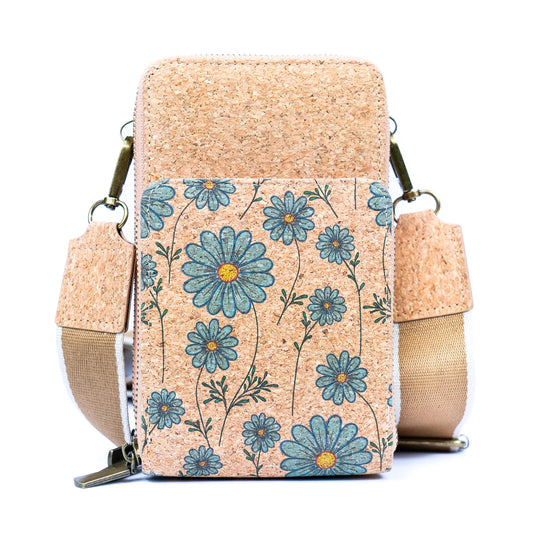 Cartera Bandolera Mujer de Corcho Natural diseño flores margaritas azules Moda Sustentable Eco Cuero Vegano Ecológico Tendencia 2025