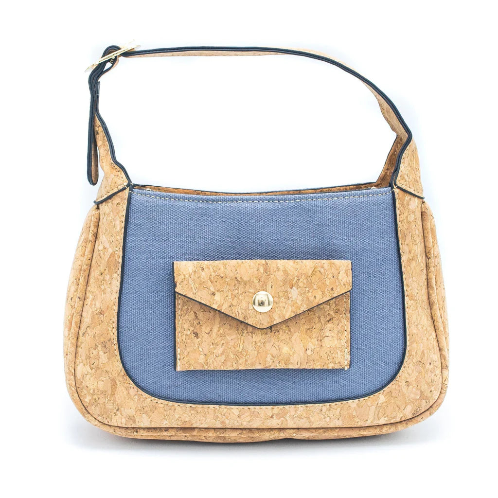 Cartera Milán Celeste de Corcho Cuero Vegano Sustentable Moda Mujer Sustentable Correa intercambiable de corta a larga se puede llevar al hombro o en la mano con correa corta o alargar la correa y llevar cruzada