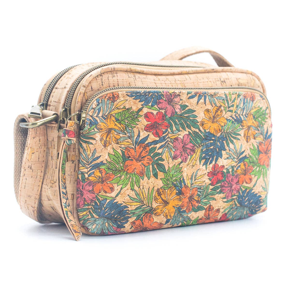 Cartera bandolera de corcho cuero vegano diseño flores polinesicas