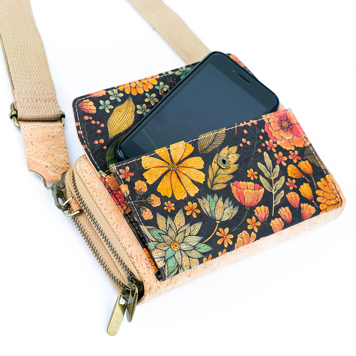 bandolera cartera para celular flores de corcho portugues vegano sustentable mujer