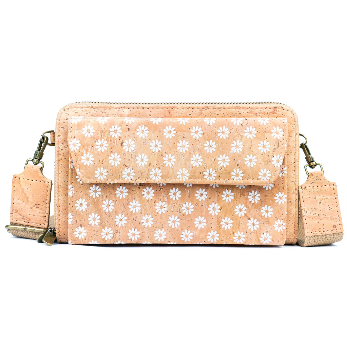 Bandolera Portacelular Mujer Flores blancas de corcho vegano sustentable