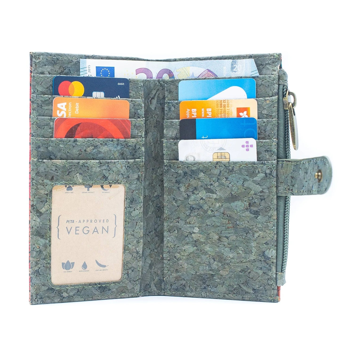 billetera de corcho vegano sustentable verde turquesa