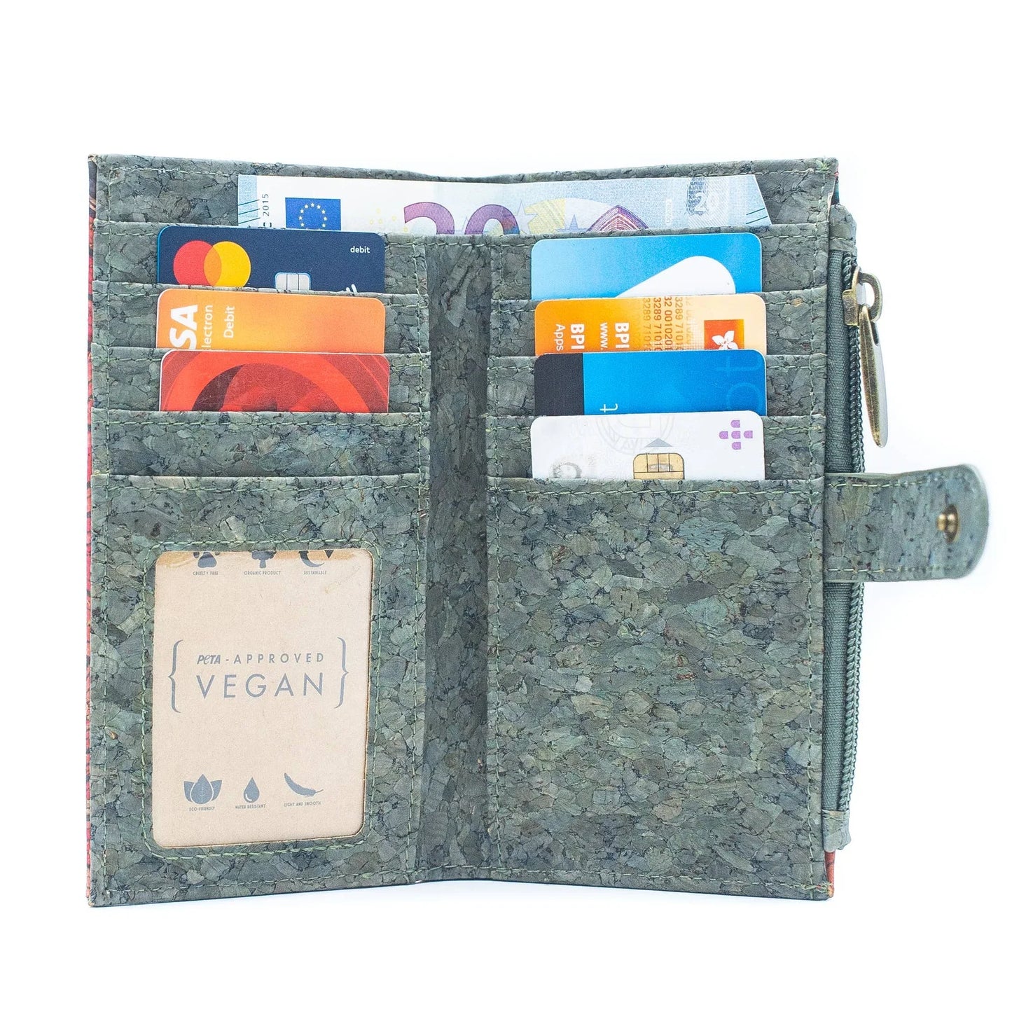 interior billetera de corcho cuero vegano sustentable verde turquesa