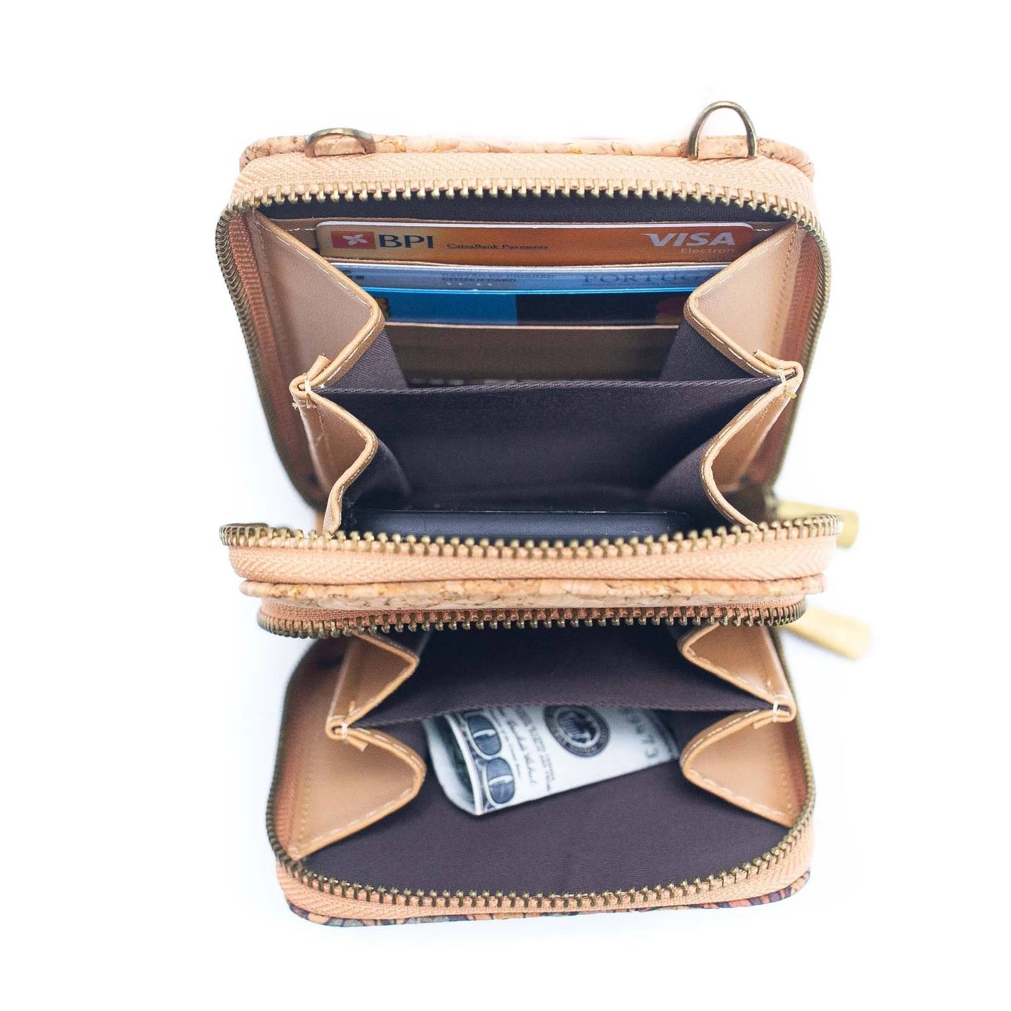 Interior cartera bandolera portacelular de corcho portugués con compartimientos para guardar tarjetas