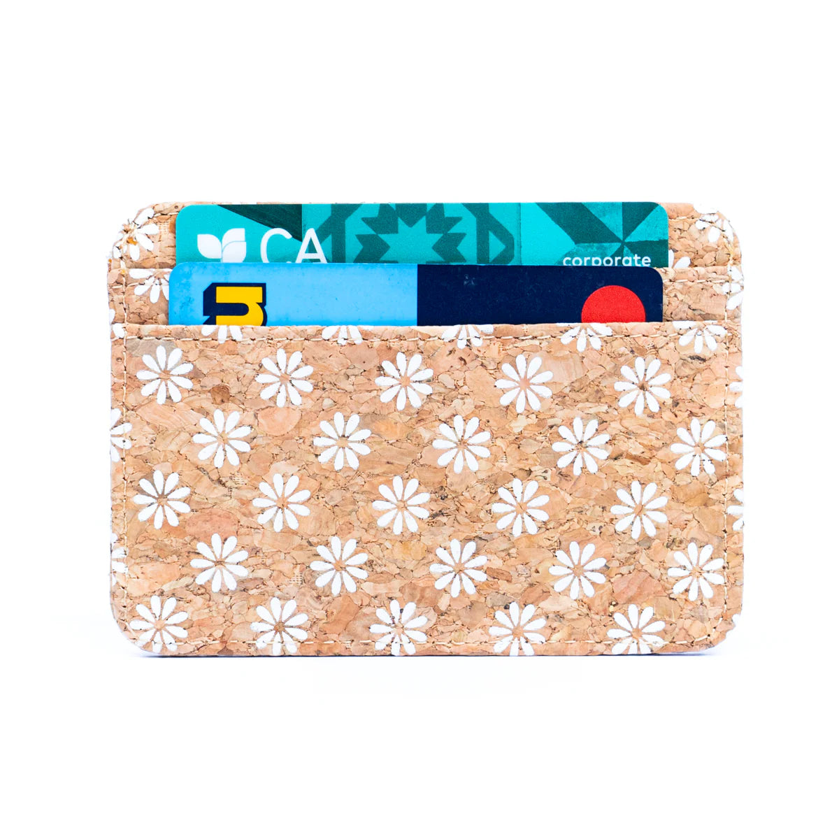 Tarjetero de corcho cuero vegano diseño con flores blancas tiene espacio para 6 tarjetas