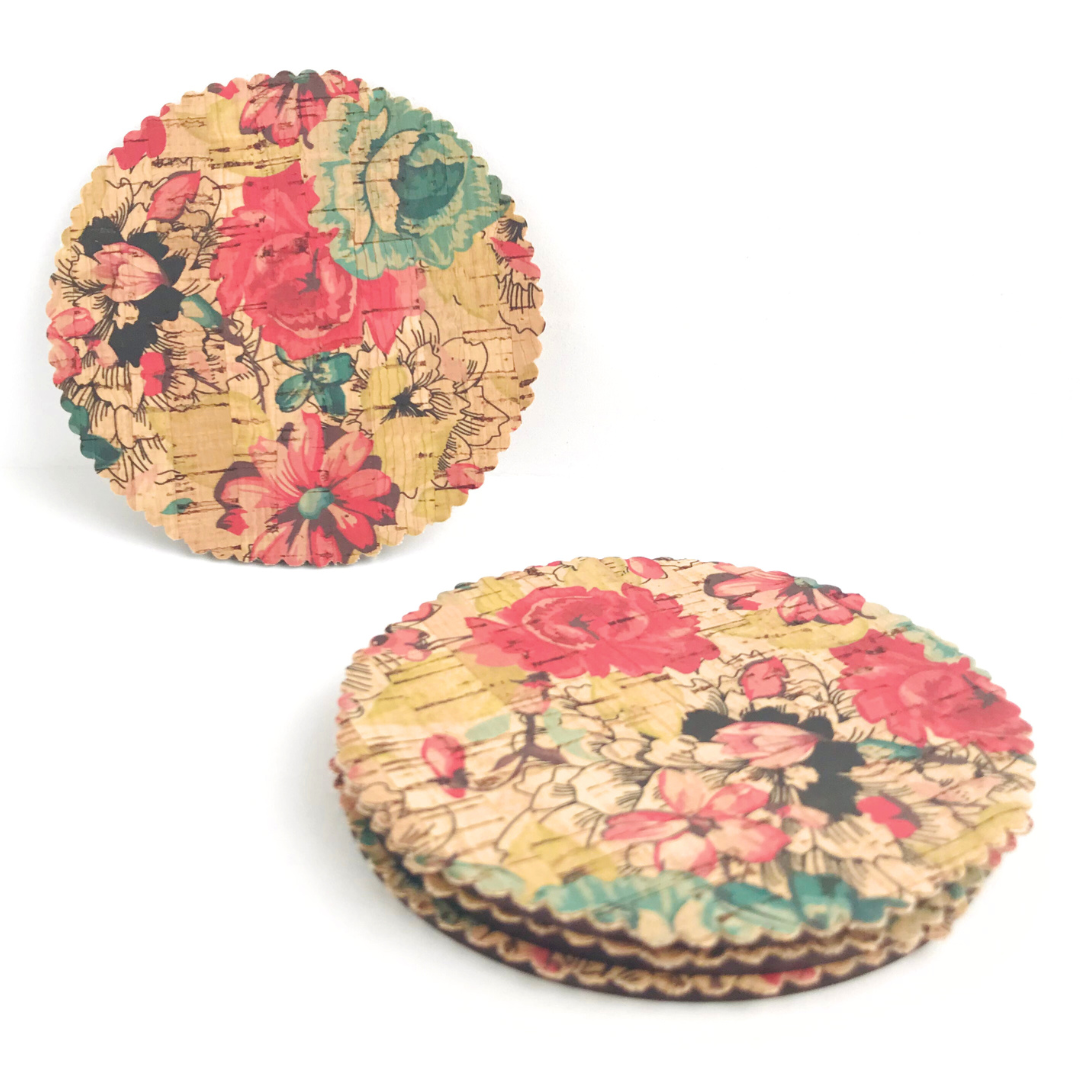 set 4 posavasos de corcho y madera flores