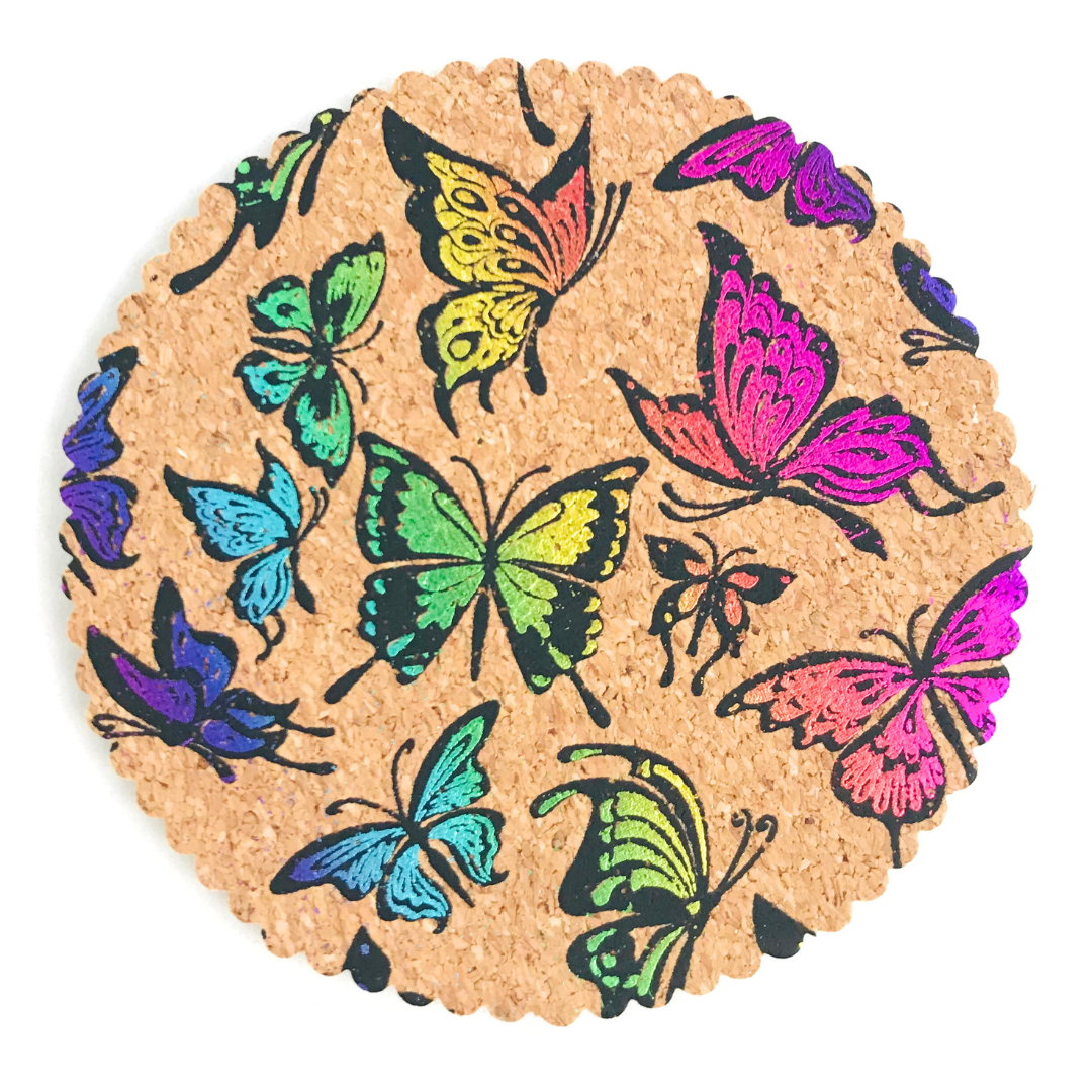 Posavaso de corcho y madera mariposas
