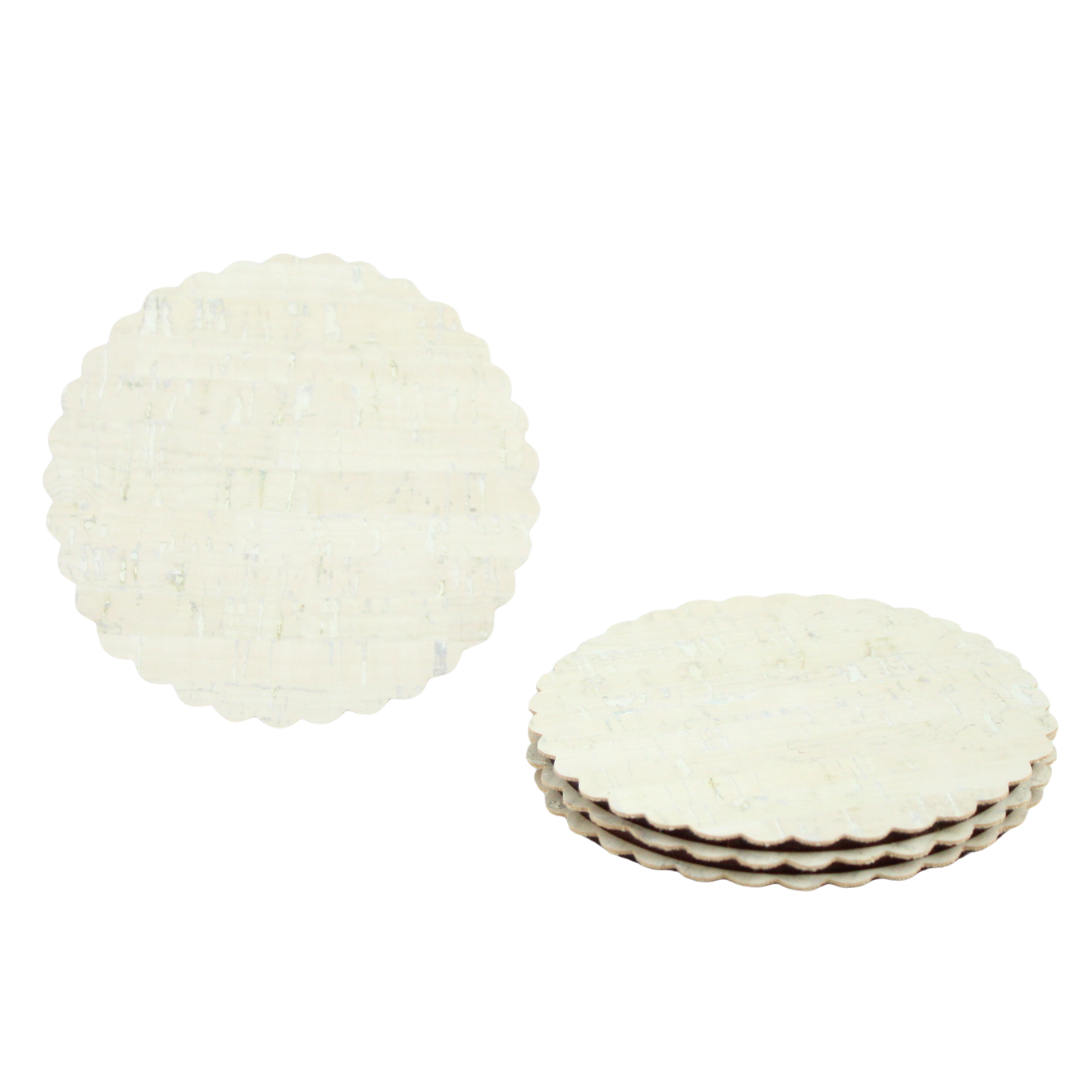 Set de 4 posavasos de corcho color blanco con base de madera