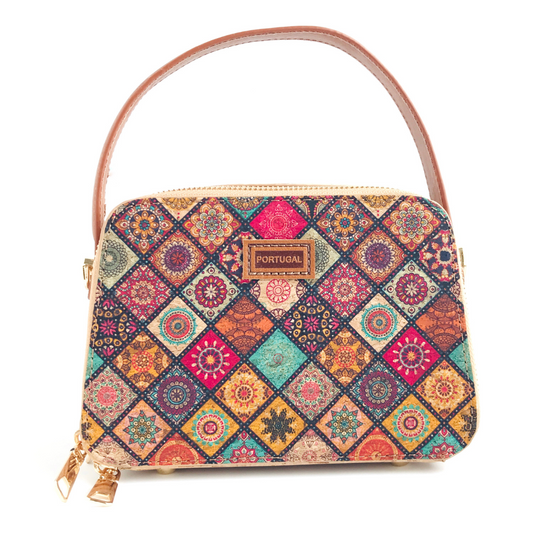 Cartera bandolera de corcho portugués y eco cuero diseño mandalas detalles metálicos dorados 