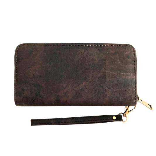 Billetera con correa café oscuro de cuero vegano corcho sustentable