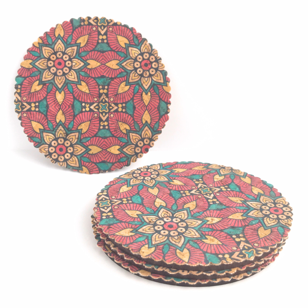 set de 4 posavasos de corcho y madera diseño floral