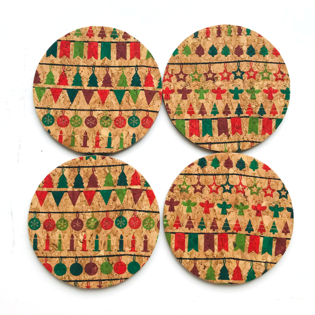 Set 4 personas individual + posavaso + porta cubiertos de corcho Edición Navideña Limitada