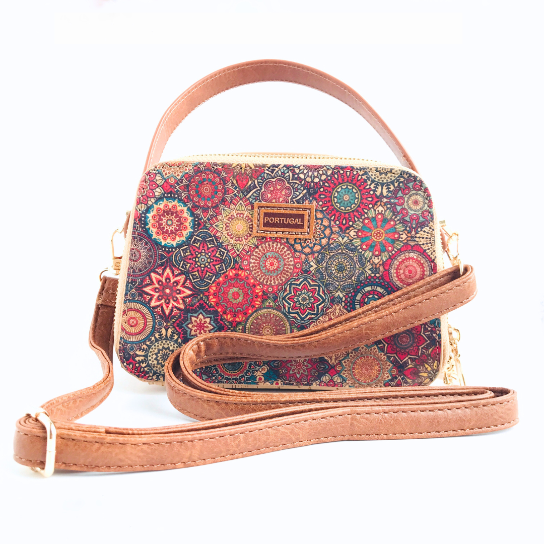 Cartera de corcho diseño mandalas correa larga de eco cuero ajustable y removible