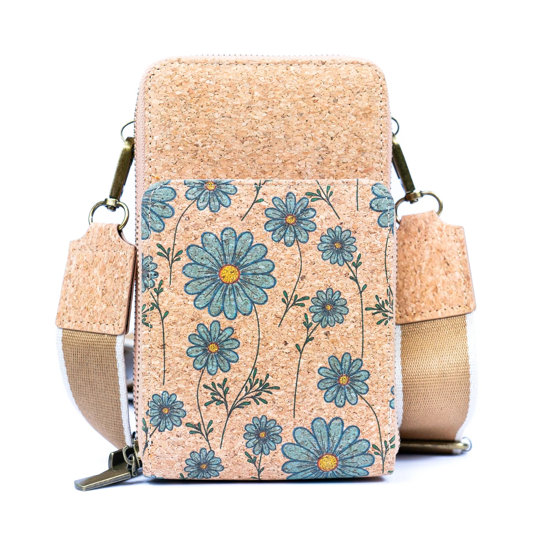 Cartera Bandolera Mujer de Corcho Natural diseño flores margaritas azules Moda Sustentable Eco Cuero Vegano Ecológico Tendencia 2025