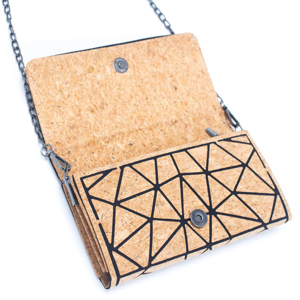 Cartera de corcho natural con correa cadena diseño geométrico