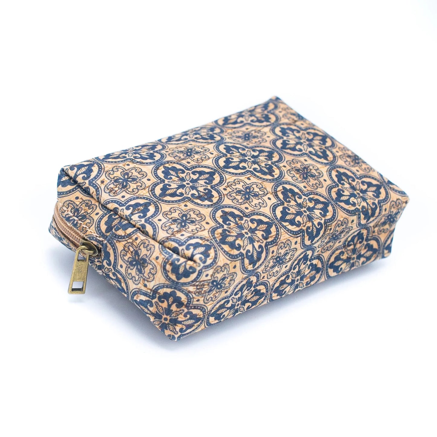 Mini cosmetiquero para cartera de corcho portugués cuero vegano detalles azules