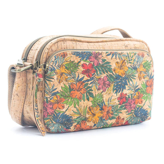 Cartera bandolera de corcho cuero vegano diseño flores polinesicas