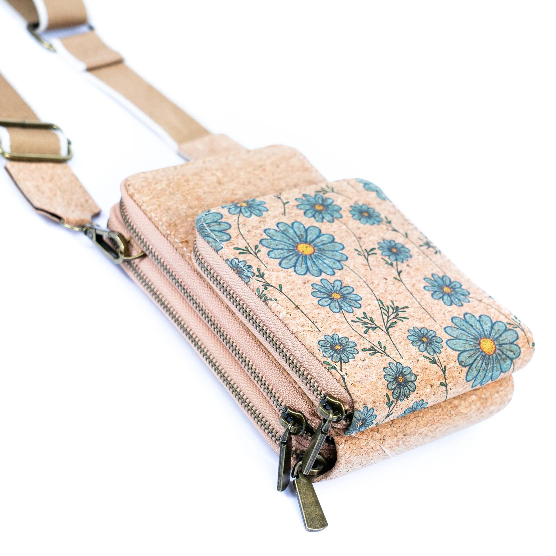 Cartera Bandolera de Corcho Portugués Diseño Flores Margaritas Azules EcoCuero Vegano Moda Mujer Sustentable Tendencia 2025 Apta para veganxs