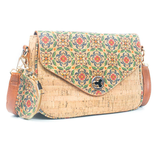 Cartera bandolera de corcho y eco cuero diseño portugués rojo verde y azul Incluye monedero de corcho del mismo diseño