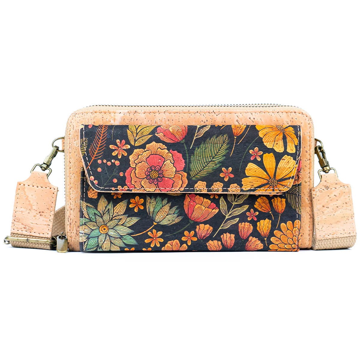 cartera bandolera portacelular de corcho vegano sustentable mujer flores