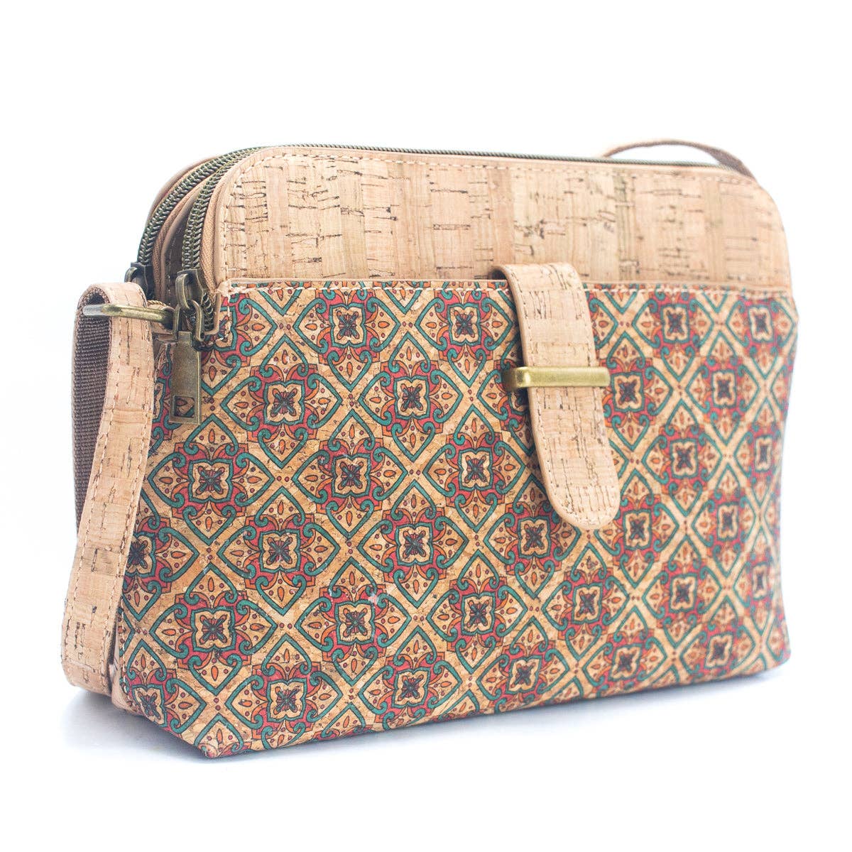 Cartera bandolera de corcho portugués diseño diamantes rojo y verde 