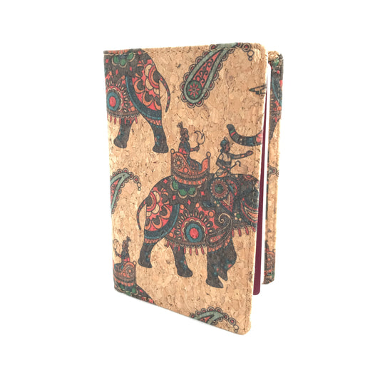 Porta pasaporte de corcho diseño india hindú elefantes natural vegano y sustentable