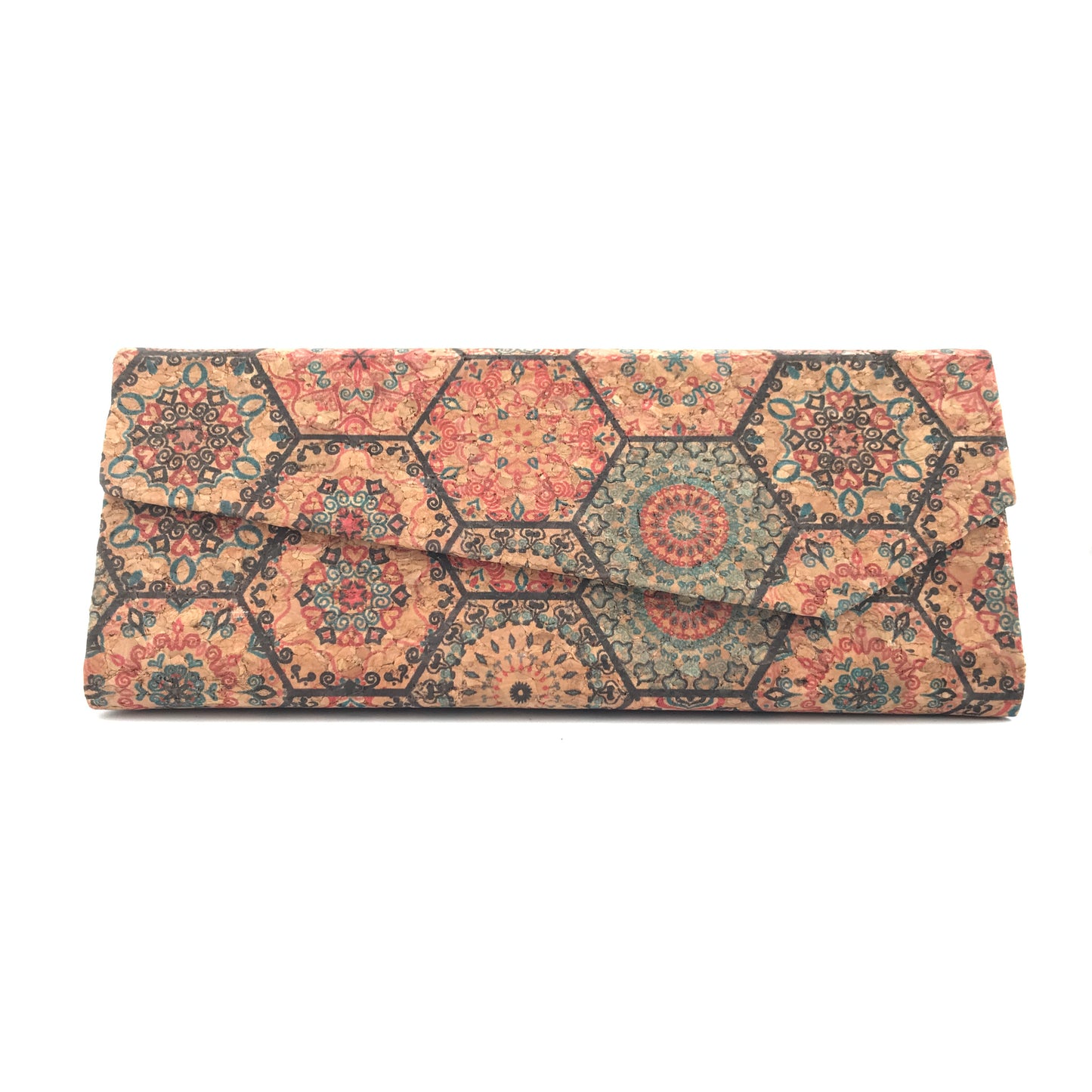 Estuche de lentes plegable de corcho natural cuero vegano sustentable diseño hexágonos