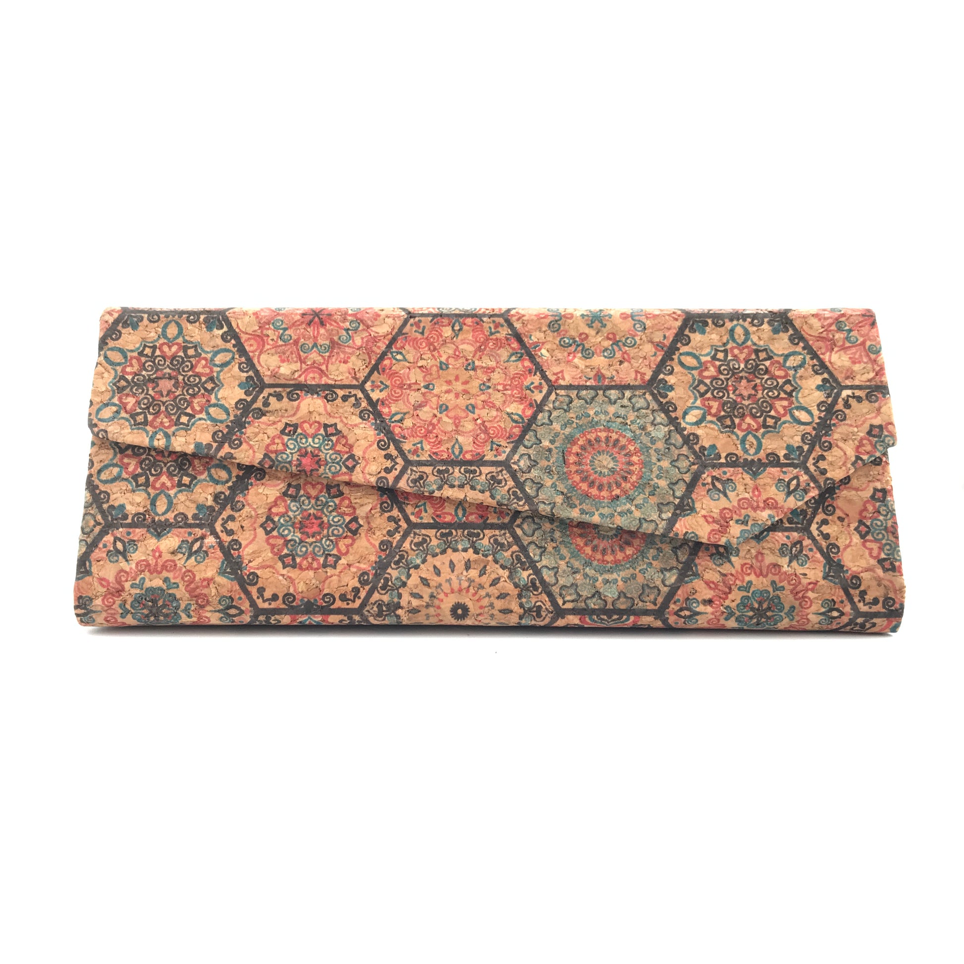 Estuche de lentes plegable de corcho natural cuero vegano sustentable diseño hexágonos