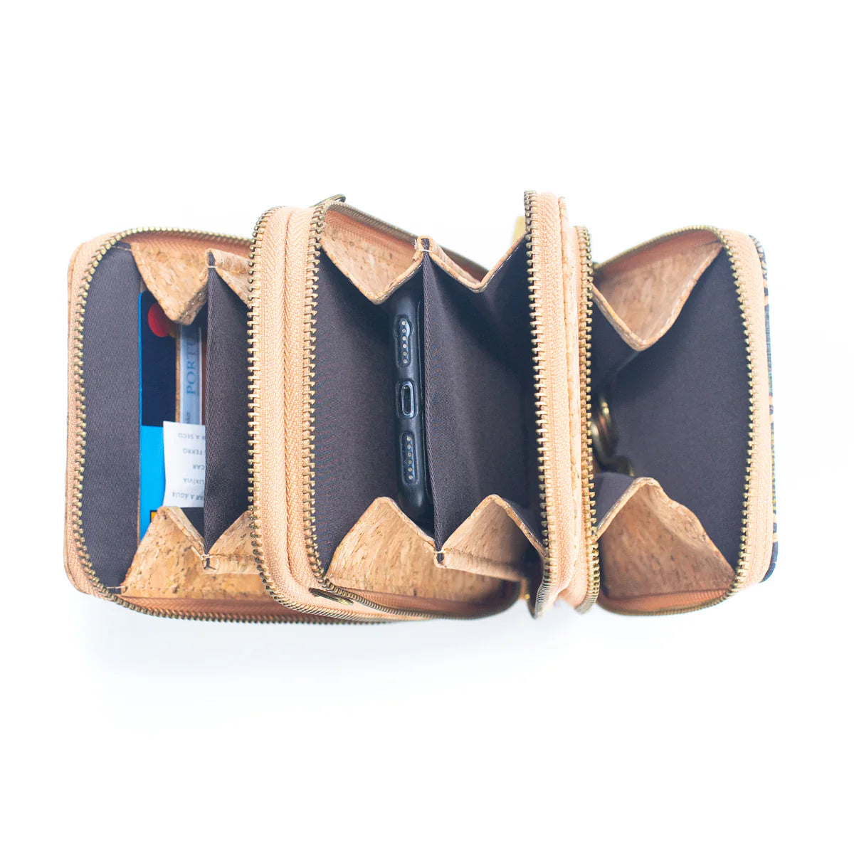 Interior Cartera Bandolera de Corcho espacio para celular, tarjetas, monedas, dinero, maquillaje y todo lo que necesites