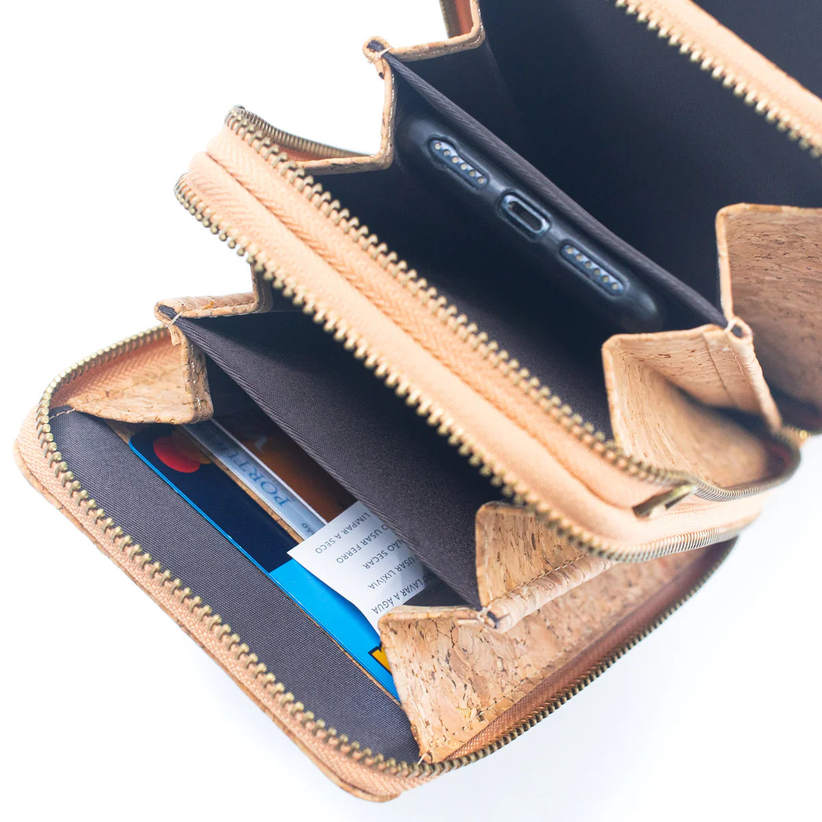 Interior Bandolera Porta Celular Cartera de Corcho. Espacio para tarjetas, celular, etc. Moda Sustentable Mujer Cuero Vegano