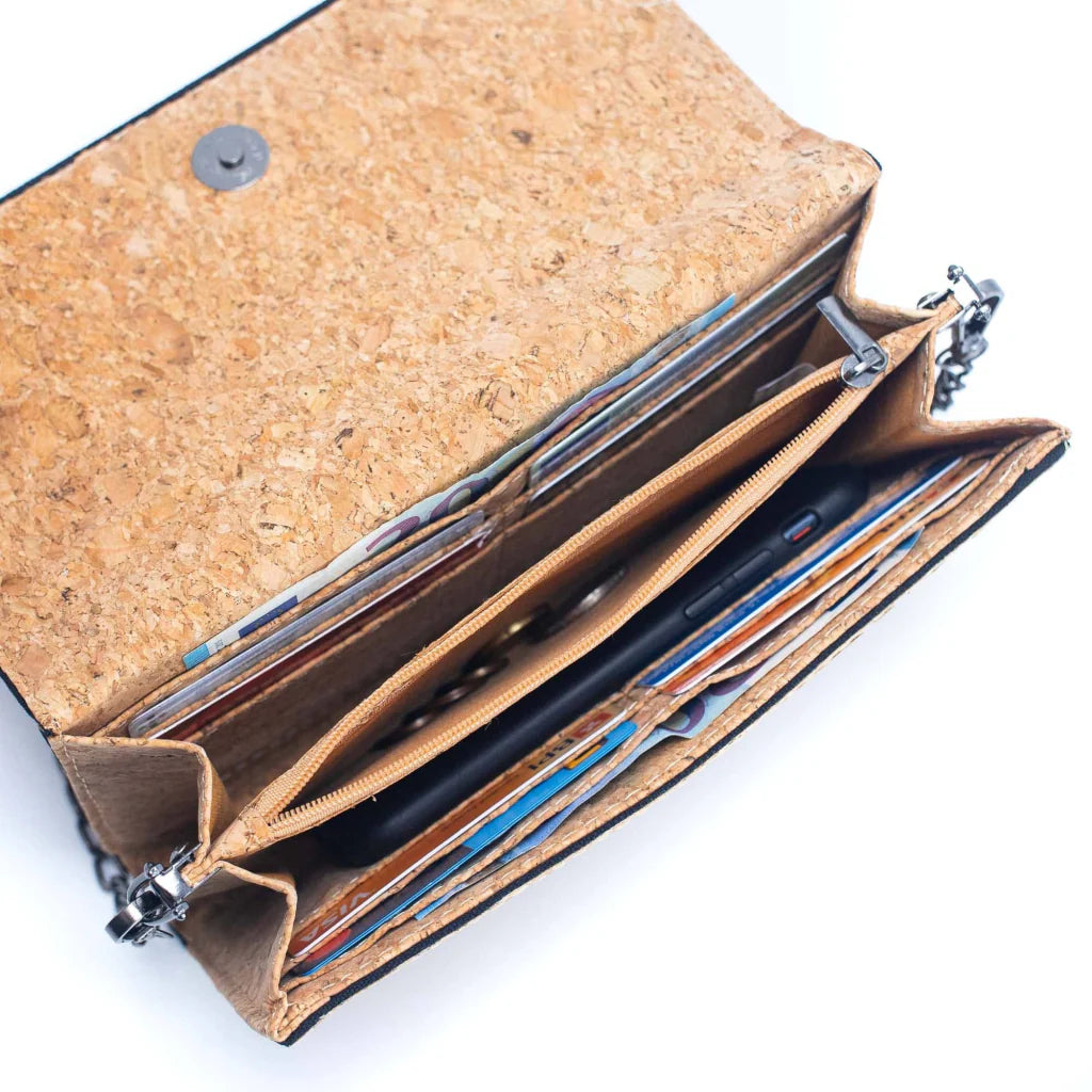 Interior cartera de corcho de fiesta incluye espacio para 8 tarjetas monedero y porta celular