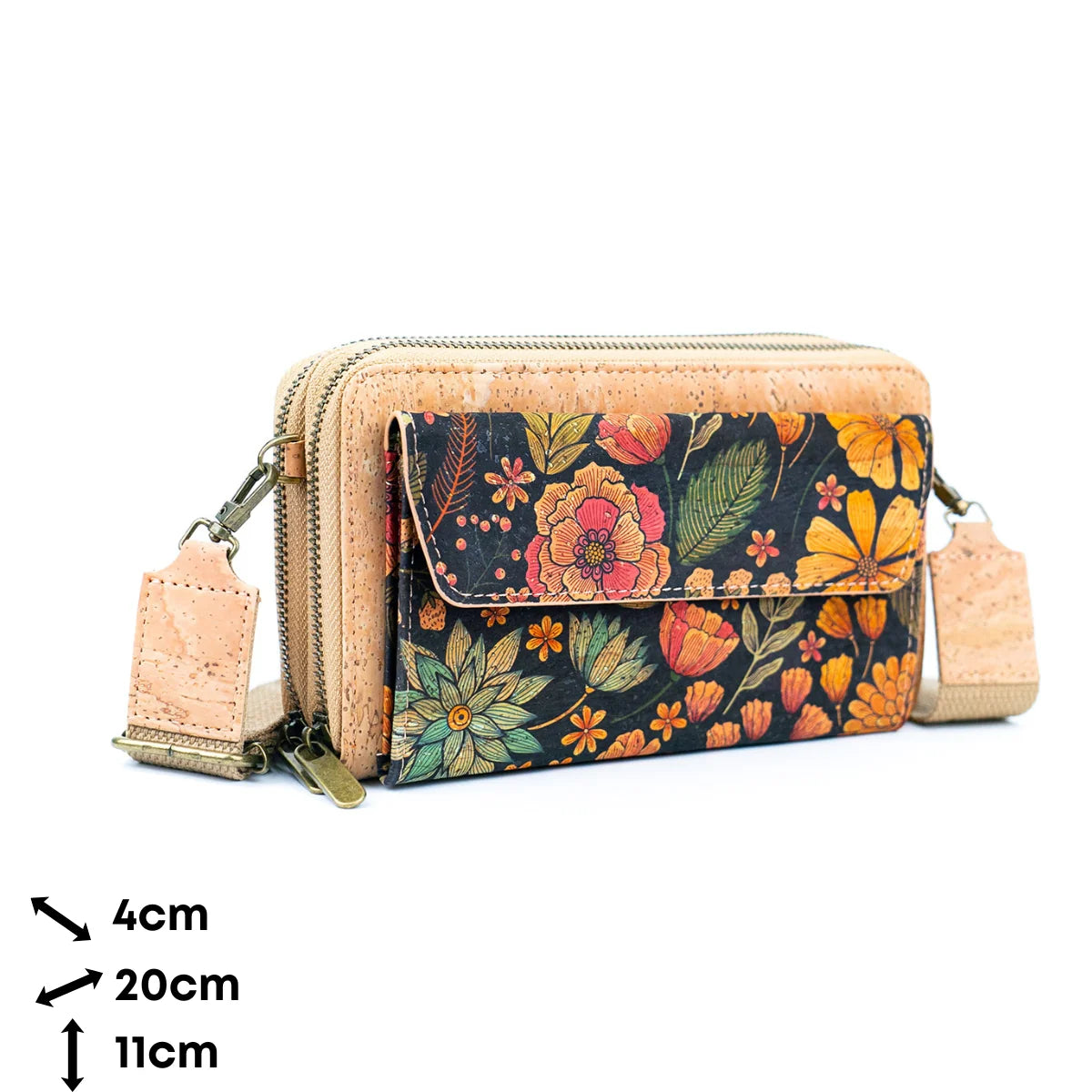 Medidas cartera bandolera portacelular de corcho vegano sustentable mujer flores
