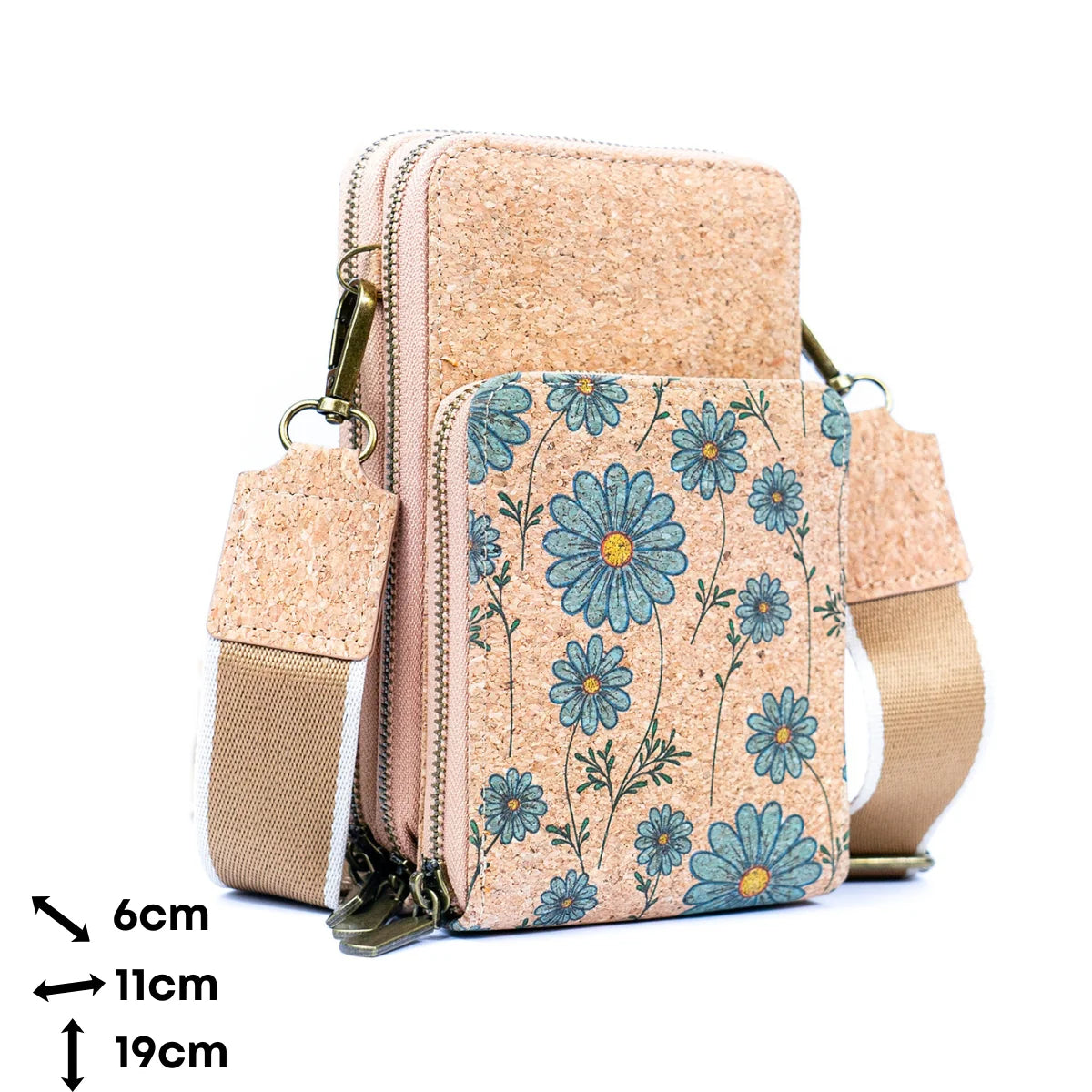 Medidas cartera bandolera de corcho porta celular 6 por 11 por 19 centímetros