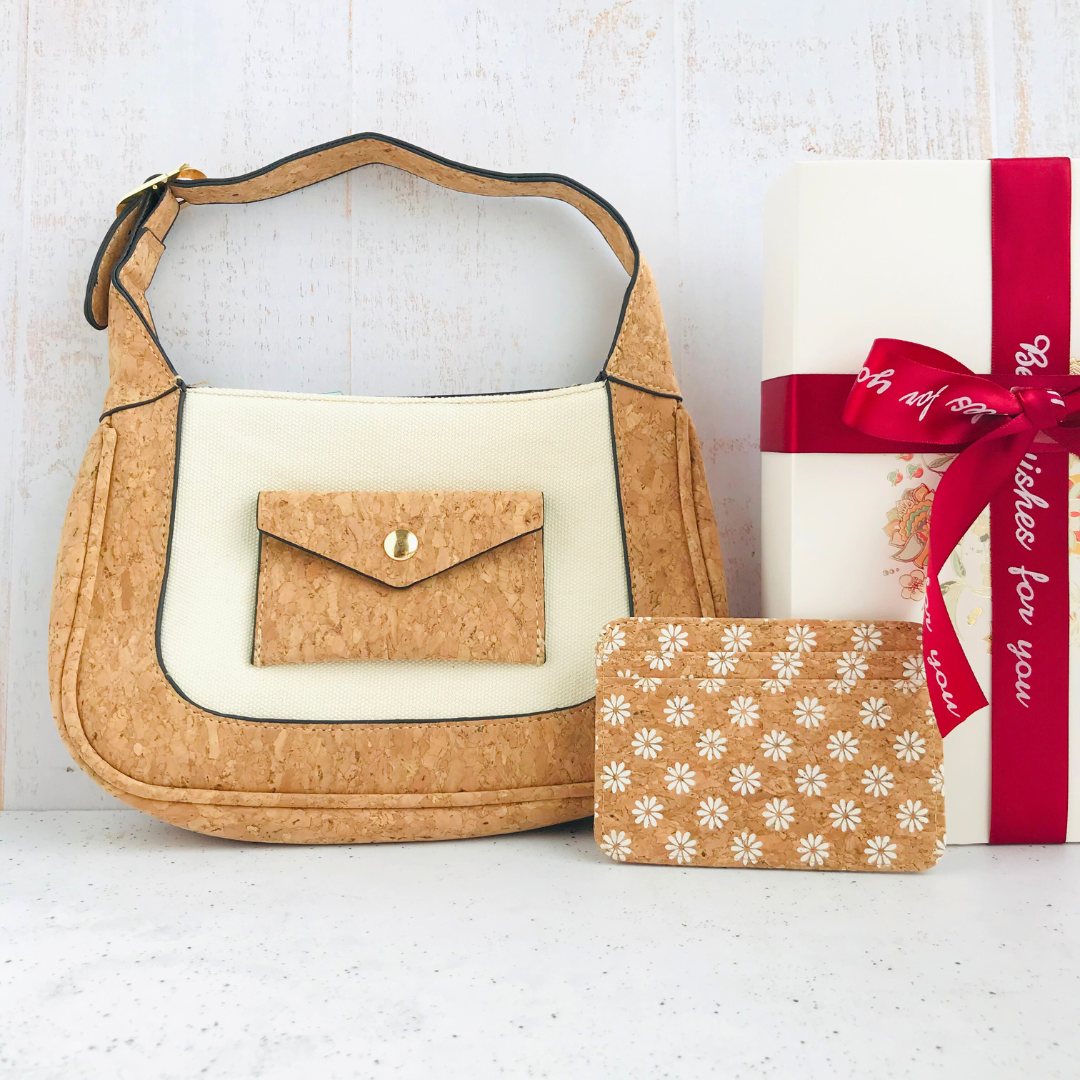 Set de regalo para mujer incluye cartera de corcho color blanco + tarjetero de corcho con flores blancas para 6 tarjetas