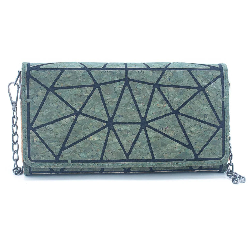 Cartera clutch de corcho geométrica con correa de cadena color verde turquesa