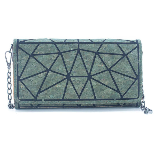 Cartera clutch de corcho geométrica con correa de cadena color verde turquesa
