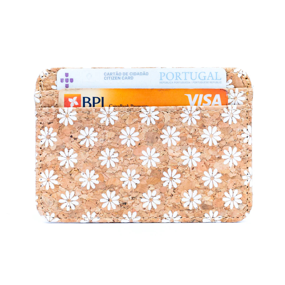 Tarjetero de corcho con flores blancas para 6 tarjetas y billetes