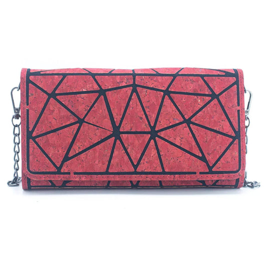 Cartera clutch de corcho geométrica color rojo burdeo con correa de cadena removible 