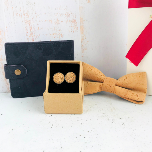 Set de regalo Hombre Billetera Corbatín y Colleras para camisa de corcho portugués cuero vegano y sustentable