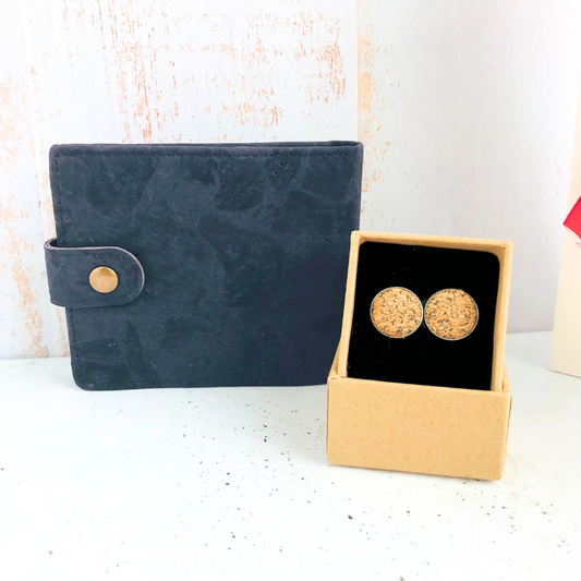 Set de regalo para hombre billetera + colleras para camisa de corcho portugués cuero vegano sustentable