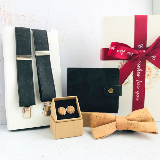 Set de regalo hombre accesorios de corcho portugués incluye suspensores de corcho color negro + billetera de corcho color a elección + corbatín de corcho diseño a elección + colleras gemelos para camisa de corcho diseño a elección