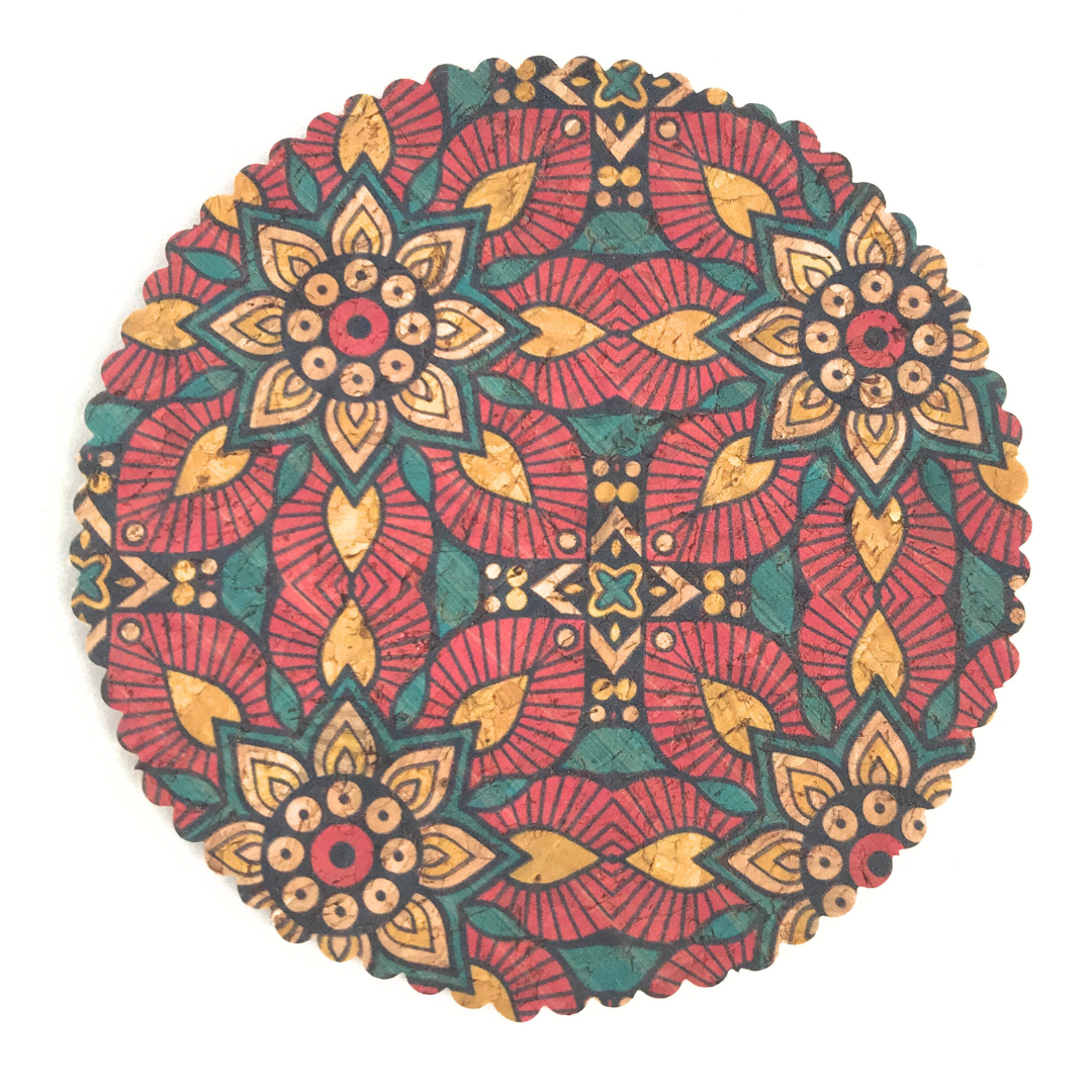 posavaso de corcho y madera diseño floral