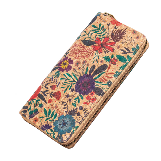 Billetera mujer de corcho floreada cuero vegano
